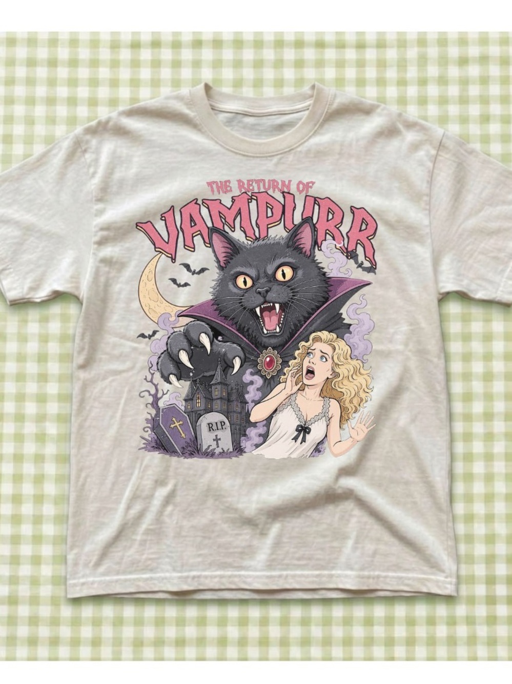 Gildan Off White Vampurr Cat Graphic Tee, Retro Style